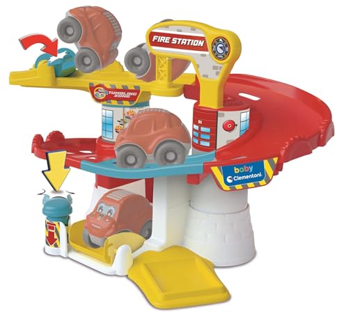Clementoni Baby Fire Station, piste de voiture pour enfants 18 mois avec 1 machine basculante, stimule la manualité et les curiosités, jeu de petite enfance Made in Italy, Ligne Play for Future, 17559