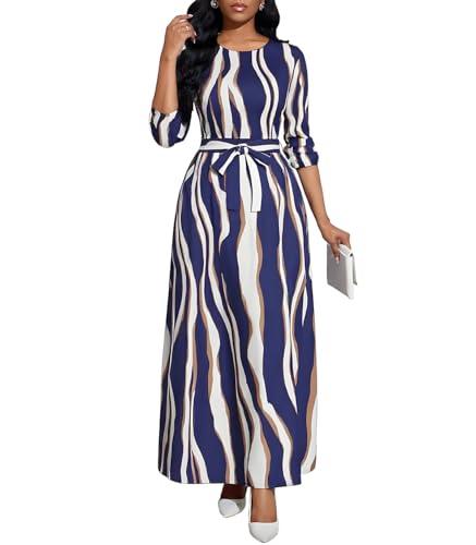 Image of BubFee Long Dress for Women Casual Long Sleeve Dresses Maxi Dress Empire Waist Loose with Belt