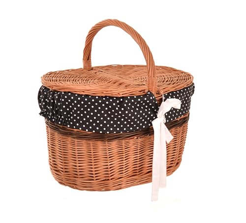 Aqbau Picknickkorb mit Deckel 40 cm – Einkaufskorb Weide mit Henkel & Stoffeinlage (3 Designs) – Weidenkorb geflochten groß, Flechtkorb Natur (Schwarz)