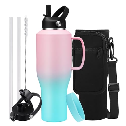 Image of 40 oz Insulated Water-Bottle that fits in Cup Holder - Straw & Chug Lid, Cold 48h /Hot 24h, Travel Coffee Tumblers with Handle & Strap Carrier Bag & Protective Boot, Leak Proof Metal Flask Cup