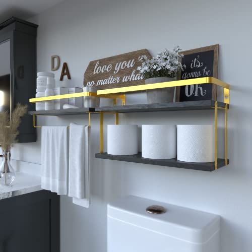 Richer House 2+1 Tier Wall Mounted Floating Shelves Set Of 2, Rustic Wood Wall Shelf With Metal Frame, Extra Storage Rack For Bathroom, Kitchen, Bedroom With Tissue Rack & Towel Bar - Gold Black #TOP3