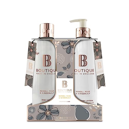 Boutique Neroli, Pear & Gingerlily Body Duo Set - 1 x Body Wash & 1 x Hand & Body lotion 500ml - Essential Oils - Vegan - Made In England