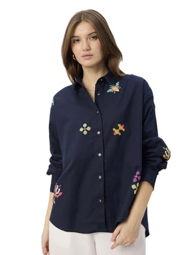 Image of The Souled Store Cotton Shirts for Women Girls Oversized Long Sleeve Collar Button Front Embroidered Boyfriend Shirts, navy, M