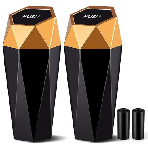 JUSTTOP Car Trash Can with Lid, Diamond Design Small Automatic Portable Trash Can, Easy to Clean, Used in Car Home Office Interior Accessories, 2PCS(Gold)