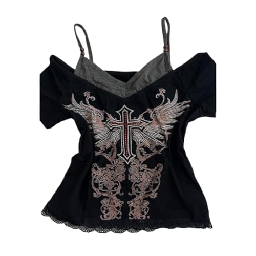 Emo Grunge Shirts Women 2000s Graphic Baby Tees Fake Two Piece Short Sleeve Vintage Y2k Crop Top Goth Alt Clothes (Black Red,M,Medium)