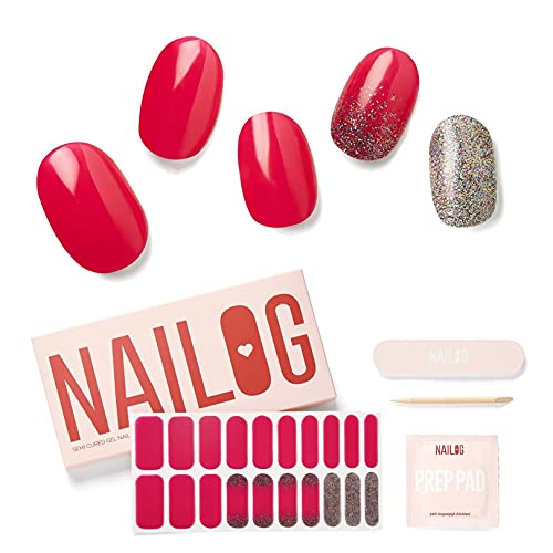 NAILOG Semi Cured Gel Nail Strips (20 Extra Long Polish Stickers/Wraps) │ Glossy & Long Lasting Soft Gel Finishing (Chance)