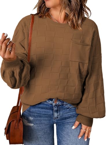 Eytino Womens Plus Size Solid Sweater Tops Casual Checkered Knit Long Sleeve Oversized Pullovers,3X Chestnut cover