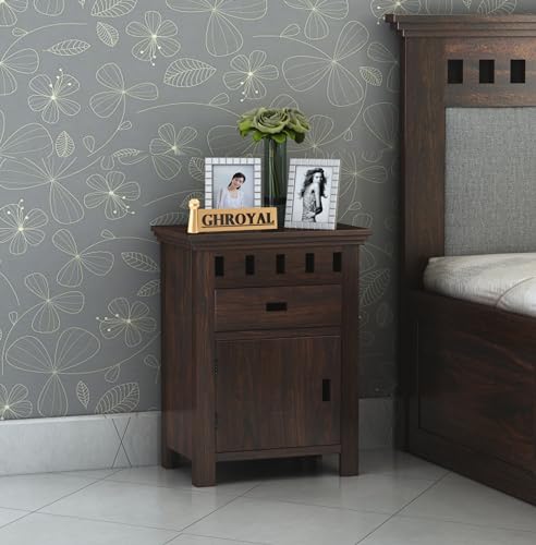 Image of Sheesham Wood Bedside Table with Drawer and Door Storage Nightstand | Multipurpose Wooden Sofa Side End Table Furniture for Bedroom, Living Room, Guest Room, Home, and Hotels (Walnut Finish)