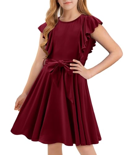 storeofbaby Girls Casual Ruffle Dress Elegant A-Line Flowy Dresses with Belt 5-14 Years2
