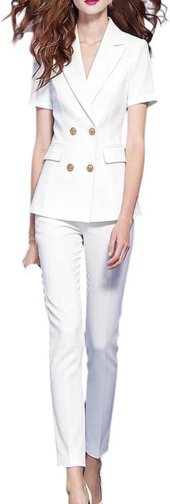 Womens Two Piece Blazer and Pant Suit Summer Formal Trousers Matching Set for Office Business Workwear