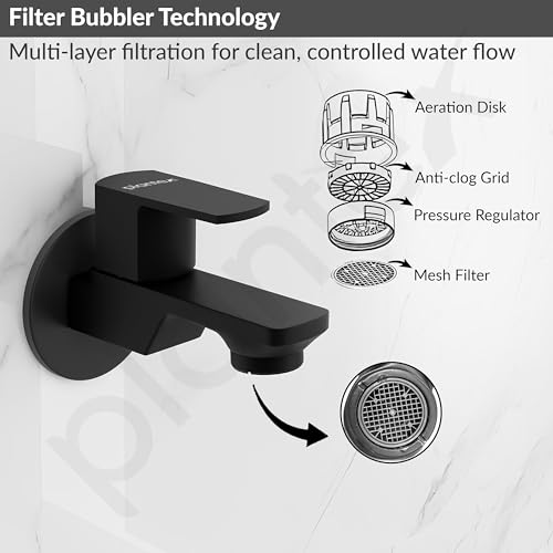 Image of Plantex Single Lever Water Tap for Bathroom with Water-Saving Aerator /Wall Mount Bib Cock with Wall Flange and Teflon Tape /Brass Spindle Bib Tap for Home (Saga-Black)