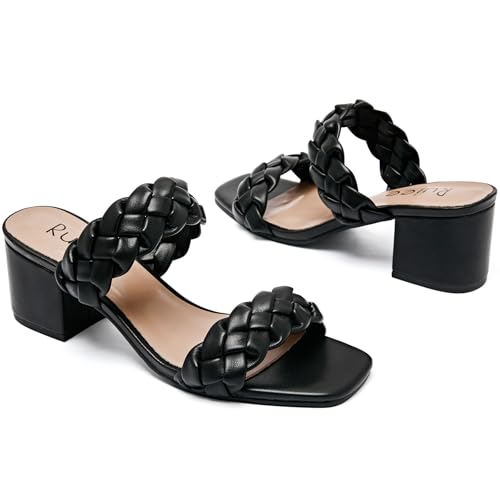 Women's Heels Braided Heeled Sandals, Squear Open Toe Slides Sandals Slip on Chunky Heel Sandals Dressy Summer Shoes for Women.