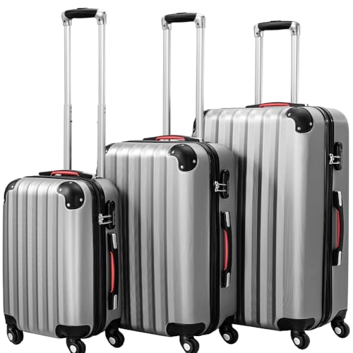 PROVITERA Set 3 Valigie Rigide in ABS, Valigie Rigide M-L-XL Manico Telescopico e 4 Ruote Easy Roll, Lucchetto serratura a codice, Trolley Resistenti da Viaggio, con Bagaglio a Mano (Silver)