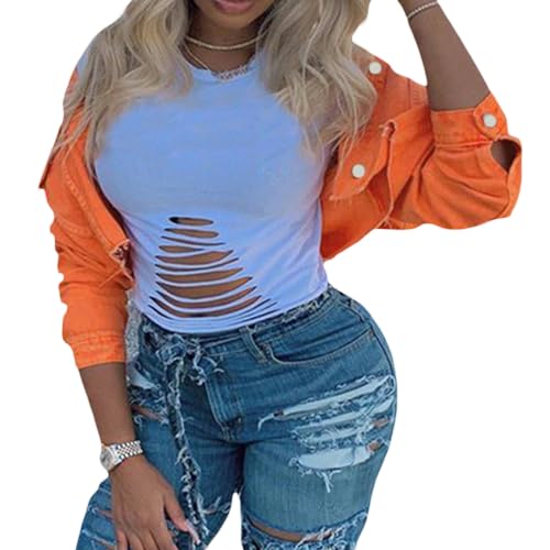 Women's Denim Short Coat, Solid Color Long Sleeve Lapel Jacket Button Down Distressed Hem Crop Jeans Coat2