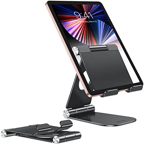 OMOTON Fully Foldable Tablet Stand, Adjustable Desktop Aluminum Tablet Holder Stand Compatible with iPad 10.9, iPad Air, iPad Pro, iPad Mini, Samsung Tablets and Phone, Black