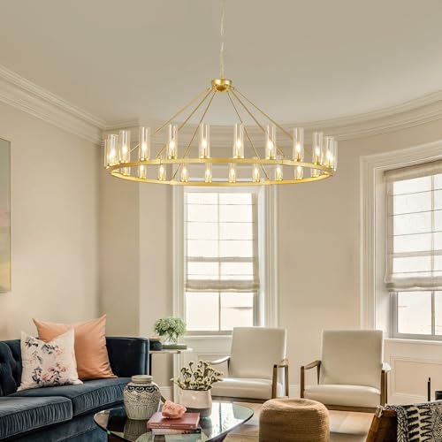 Image of 24 Light Large Wagon Wheel Chandelier with Clear Glass Shade Gold Round Pendant Light Farmhouse Industrial Chandeliers Dining Room Light Fixture for Stair Living Room Foyer Kitchen