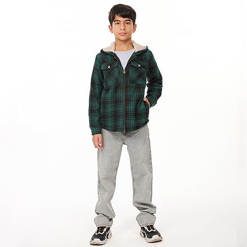 Image of ThCreasa Boys Plaid Flannel Jackets Sherpa Lined Zip Up Long Sleeve Warm Flannel Shirt with Hood