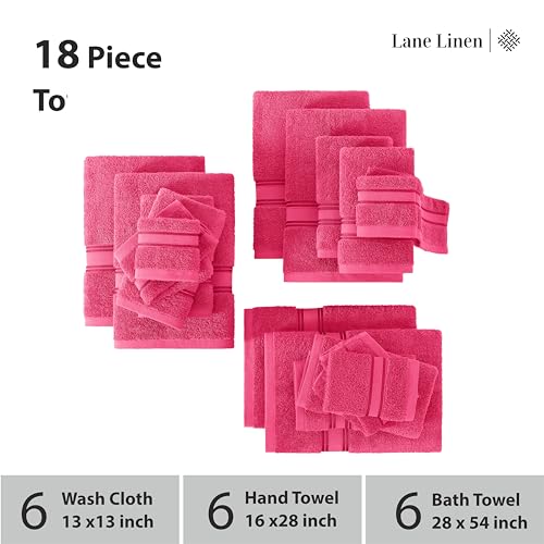 LANE LINEN Luxury Bath Towels Set - 100% Cotton Bathroom Towels, Quick Dry Shower Towels, Extra Aborbent Bath Towel, Super Soft, 6 Bath Towels, 6 Hand Towels, 6 Wash Cloths (18 Pack) - Fuchsia