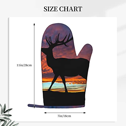 Red Deer Bull Elk Sunset Printed Oven Mitts, Washable Heat Resistant Oven Gloves Waterproof Non-Slip Silicone Cooking Gloves For Kitchen Cooking Bbq #TOP3