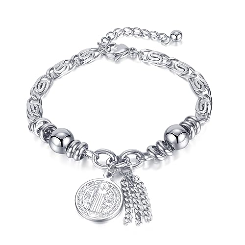 TEMICO Stainless Steel Cross Saint Benedict Coin Charm Bracelet for Women Catholic Exorcism Protection Jewelry