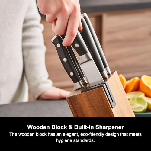 Morphy Richards 5-Piece Knife Block with Sharpener, Kitchen Set, Butt-Welded Design, Long Lasting Sharpness, Precision Cutting, Ergonomic, Acacian Wood, Paring, Ultilty Slicing, Bread, Chef, 868000 - Image 4