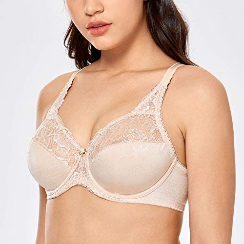 Delimira Women's Plus Size Full Coverage Underwire Unlined Minimizer Lace Bra Beige 34J #TOP1