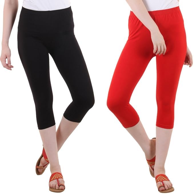 Image of DIAZ Women Cotton Stretchable Capri | Slim /Regular Fit | Breathable Yoga, Gym & Lounge Wear | Mid-Waist Stretchable 3 /4 Length Leggings with Wide Waistband - Pack of 1