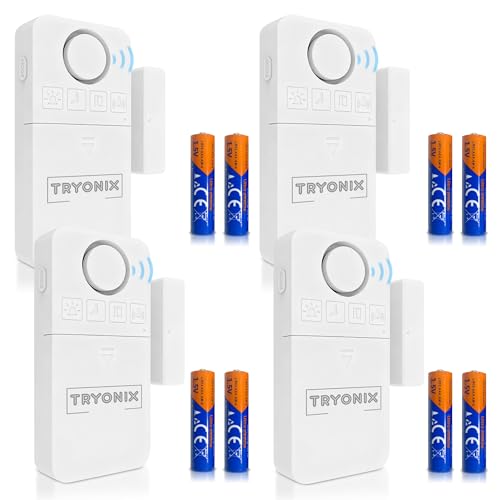 TRYONIX Door Alarms When Opened – 130 dB Loud Door & Window Alarm, 1.2” Wide Gap Sensor, Instant & Delay Alerts, 3 Volume Levels, AAA Batteries Included, Low Battery Alert, 4 Pack