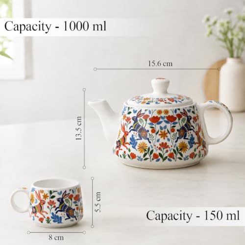 Image of The Earth Store Premium Handcrafted Bunny Floret Ceramic Tea Set with Kettle Microwave and Dishwasher Safe 6 Tea Cups & 1 Kettle | Tea Pot Set | Morning Set