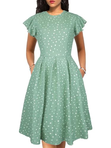 Image of oxiuly Women's Flounce Sleeve Wedding Church Vintage Dresses Casual Floral Party Cocktail Work Dress with Pockets Fei376