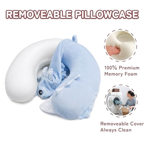 Image of Memory Foam Travel Neck Pillow for Teens and Adults, Blue Axolotl Design