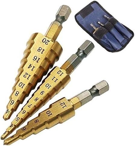Zestaw wierteł stopniowych z rowkiem spiralnym, Zestaw wierteł stopniowych HSS 3 szt., stożkowe wiertła do otworów, metryczne, 1/4", powlekane tytanem, metalowe wiertła sześciokątne(3pcs4 12 3 20 4 20