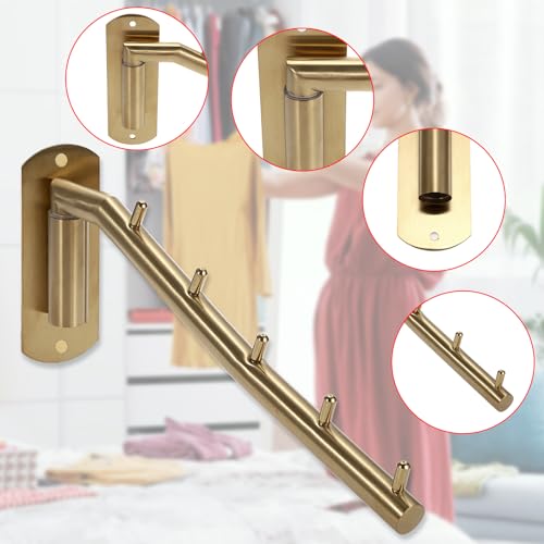 Sumnacon Stainless 2 Pcs Steel Clothes Hanger Rack-Wall Mount Garment Hook with Swing Arm, Sturdy Coat Robe Storage Organizer for Laundry Room Bedrooms Clothing Drying Rack with 5 Hooks, Gold by Sumnacon - Used condition - Image 4