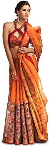 SakhiFashions Womens Pure Organza Silk Saree Free Size Orange, Multi