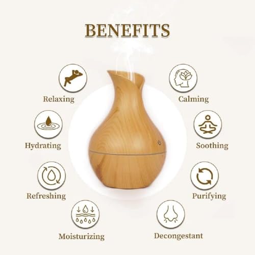 Image of Aroma Diffuser Humidifier with LED Light Ring, Wood Grain Design, USB Powered Mist Diffuser for Essential Oil and Water (Dark Brown Vase)