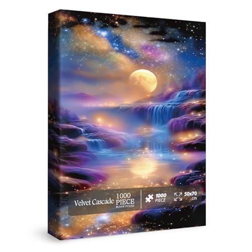 Puzzle de paisaje de cascada fantástica para adultos 1000 piezas, puzzle escénico de río y luna, naturaleza, arte de noche estrellada, puzzle desafiante como decoración del hogar miniatura 1