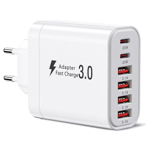 USB C Ladegerät 52W Mehrfach Ladegerät Stecker mit 2xUSBC und 4xUSBA 6 Ports Schnellladegerät PD20W Power Adapter USB Netzteil Kompatibel mit iPhone 16/15/14/13/12/11/iPad/Galaxy S21/S22/S23/S24