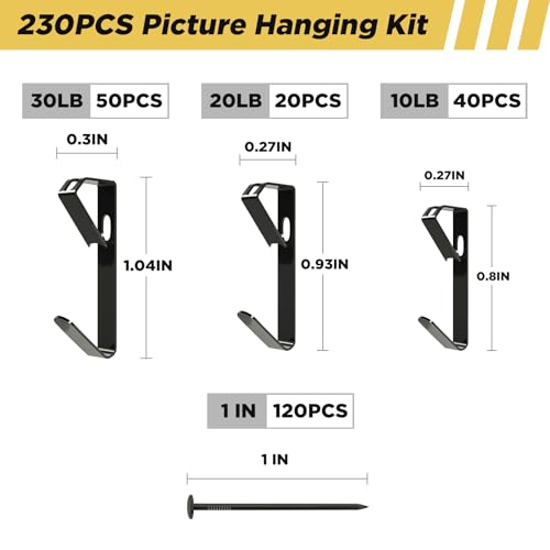 Image of Picture Hanging Hooks 230 Pieces,10lb, 20lb, and 30lb Picture Hangers ,Nails Hanging Kit, Metal Picture Hangers for Drywall Wooden Wall,Black