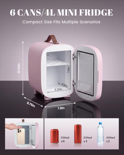 Image of Mini Fridge for Bedroom, 4 Liter /6 Can Skincare Fridge With LED Mirror & Leather Carrying Handle, AC /DC Cooler & Warmer Portable Small Refrigerator for Drinks, Makeup, Dorm, Office and Car(Pink)