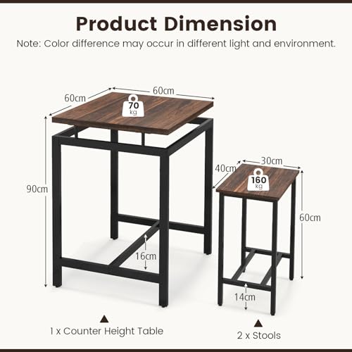 COSTWAY 3 Piece Bar Table Set, Metal Frame Dining Table and 2 Stools with Floating Countertop & Footrests, Space-saving Counter Height Breakfast Kitchen Table Chair Set for Dining Room Pub - Image 6