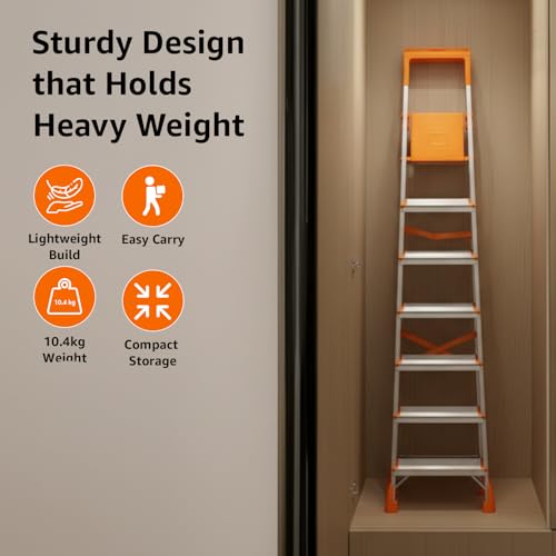 Image of Amazon Basics Clamber Pro+ - Foldable7 Step Ladder with Tool Tray, Firm Grip, 7 Steps (Aluminium Steps, Orange & Satin)