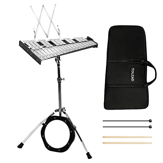 TOLEAD 32 Notes Glockenspiel Kit Xylophone Bell Percussion Instruments with Adjustable Height Stand, Practice Pad Mallets & Wooden Drumsticks, Portable Carrying Bag
