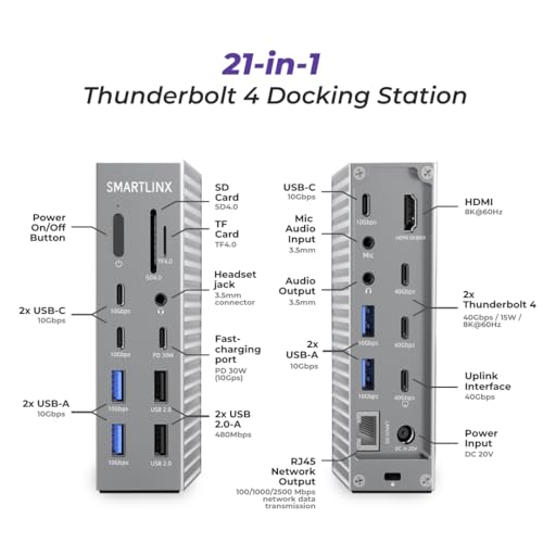 Image of Thunderbolt 4 Dock - 21-Ports Laptop Docking Station Dual Monitor for MacBook Air /Pro (M1-M4), Windows & Chrome - Dual 4K or Single 8K Display, 40Gbps Speed, 90W Charging, USB-C /A Hub