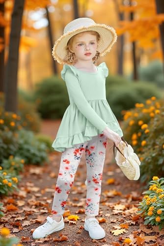 Image of Arshiner Toddler Girl Clothes Ruffle Trim Long Sleeve Pullover Top and Floral Print Leggings Fall Outfits Kids Clothing Sets