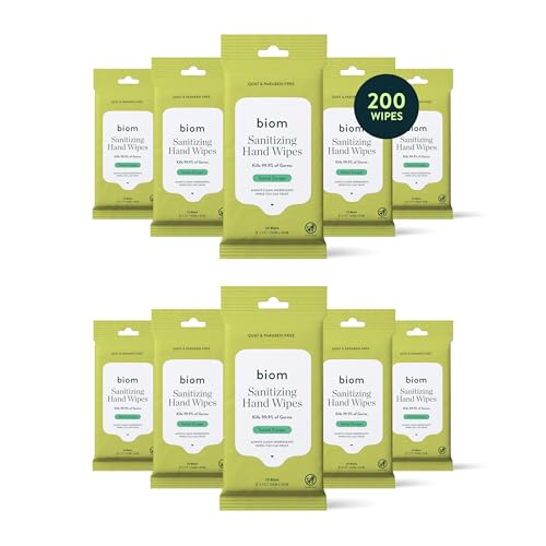 Biom Hand Sanitizing Wipes -Travel Size 10-pack(200 Wipes) 65% Ethanol Alcohol Kills 99.9% of Germs Removes Dirt and Grime Made with Plant-Based & Plastic Free Fibers Hypoallergenic -Santal Escape