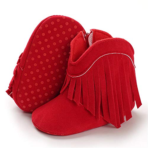 Timatego Baby Girl Cowboy Tassel Boots Side Zipper Non Slip Stay On Booties Infant Toddler First Walker Warm Winter Crib Shoes 3-18 Months, Baby Girl Boots 6-12 Months Infant, 02 Red #TOP19