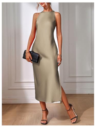 Image of Floerns Women's Elegant Crew Neck Maxi Slit Cocktail Tank Wedding Dress | Boat Neck, Side Slit, Long, Party, Cocktail, Formal, Rehearsal Dinner Guest Midi Dress