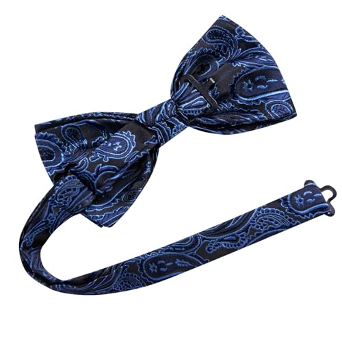 Image of Dubulle Navy Blue Mens Bowtie Paisley Striped Set Pre-tied Bowtie for Men and Pocket Square Wedding Business