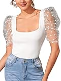 Verdusa Women's Sheer Dobby Mesh Puff Sleeve Square Neck Top White S