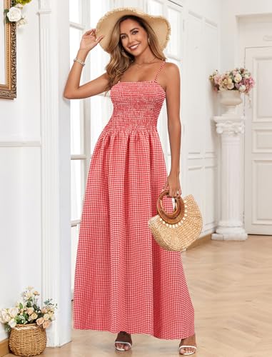 Image of Women Detachable Strap Beach Dress Strapless Smocked Pockets Maxi Dress | Removable Straps Flowy Swing A Line Maxi Beach Dress Boho Vacation Casual Smocked Strapless Beach Wedding Guest Sundress